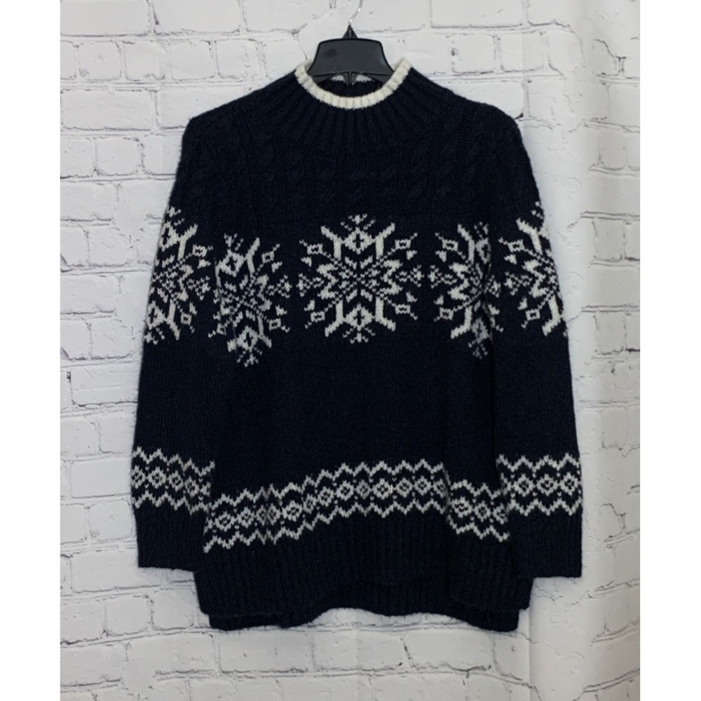 Talbots Mock Neck Sweater Womens 2X Navy Blue White Snowflake Fair Isle Pullover